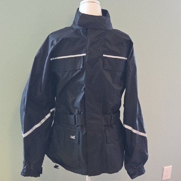 TOUR MASTER Sleek Black Raincoat with Reflective Details and High Collar Men's L - Picture 1 of 11